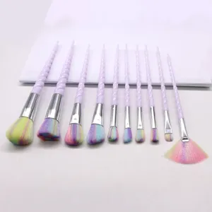 10pcs unicorn makeup brush set with colorful bristles and spiral purple handles for beauty.