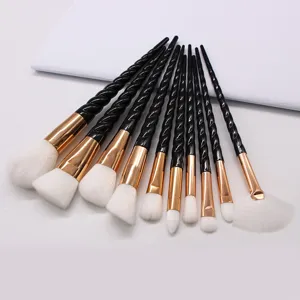 10pcs unicorn makeup brush set black twisted handle white soft bristles beauty tool.