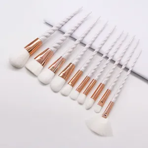 10pcs unicorn makeup brushes set with twisted handles and rose gold ferrules for professional beauty.