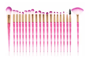 20-piece makeup brush set with glitter handle detailed view showing various professional beauty tools.