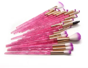 Detailed view of the 20-piece pink glitter crystal makeup brush set showing bristles.