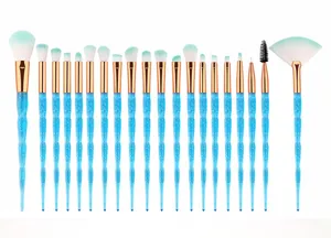 20pcs makeup brush set professional cosmetic tools with blue glitter unicorn handles and soft bristles.