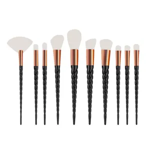 10-piece makeup brush set with black spiral handle and soft bristles for flawless face and eye application.