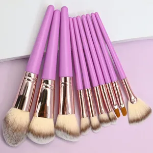 10Pcs Purple Makeup Brush Set With Soft Synthetic Fiber Bristles Wood Handle Powder Blush Eye Detail Brush Beauty Tools