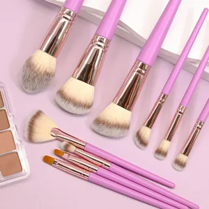 Detail view of the soft purple makeup brush set features smooth handles and rose gold ferrules.