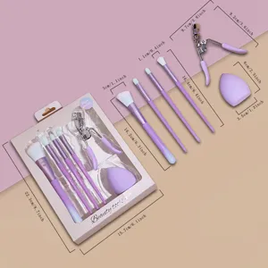 Detail view of purple makeup brush set with eyelash curler and blender sponge, dimension specs.
