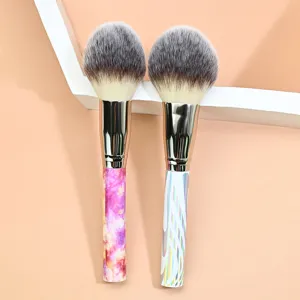 Professional large loose powder makeup brush with marble and holographic handle design.