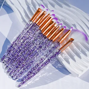 10pcs makeup brush set with purple glitter handles, rose gold ferrules and soft bristles.