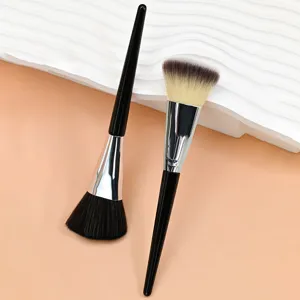 Soft bristle makeup brush flat foundation blush contour tool with black wooden handle