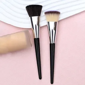 Flat top foundation makeup brush set with black wooden handle and soft synthetic bristles.