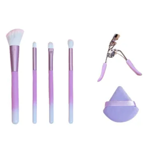 6-Piece Purple Gradient Makeup Brush Set with Eyelash Curler and Powder Puff Sponge