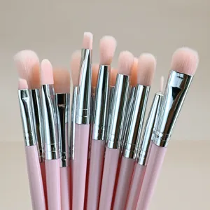 Detailansicht des rosa Make-up-Pinsel-Sets mit weichen Borsten und silbernen Zwingen für Augen.