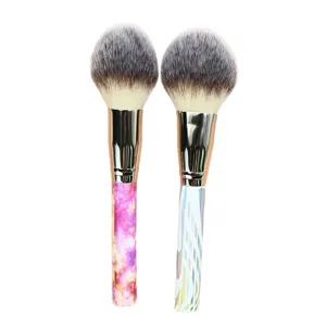Large fluffy powder makeup brush set with marble and holographic handles for face contour.