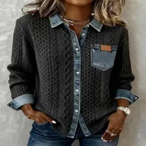 Women denim spliced knit cardigan jacket, casual long sleeve lapel button-down shirt top.