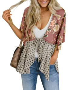 Sommer Blumendruck V-Ausschnitt Chiffon Bluse lässiges Bindeband Kimono Oberteil Damen Alltag
