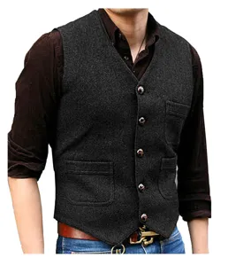 Gilet de costume homme col V marié mariage affaires décontracté gris foncé tweed gilet