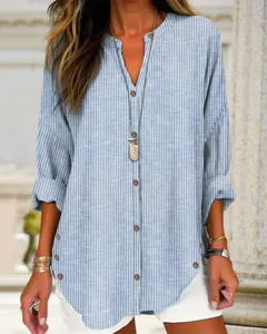 Chemise longue rayée bleu blanc femme manches longues col v boutons haut mode décontracté