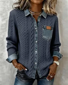 Women's knit and denim spliced long sleeve shirt casual button down cardigan top autumn winter fashion