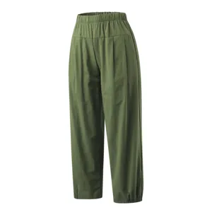 Pantalon harem vert foncé taille haute confortable, pantalon large décontracté court.