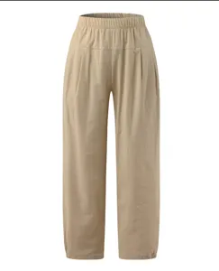 Détails du pantalon harem ample taille haute kaki femme, décontracté coton lin pantalon court.