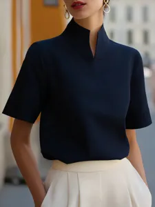 Elegant dark blue short sleeve blouse with stand collar, perfect for stylish daily commuting.