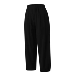 Vue détaillée de pantalon large en lin noir taille haute, coupe décontractée.