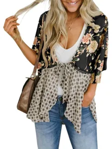 Sommer lässige Blumenmuster Bindung V-Ausschnitt Chiffon Bluse Detailansicht, atmungsaktiv chic.