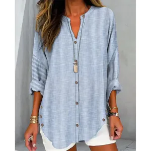 Femme Chemisier Rayé Manche Longue Casual Col V Boutonné Mode Haut Élégant Quotidien
