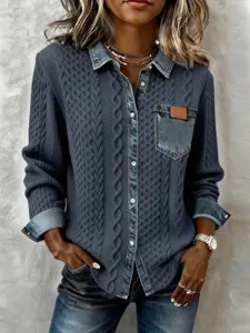 Women denim spliced knit shirt autumn long sleeve button down cardigan casual top