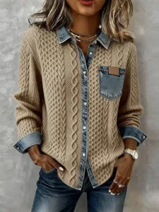 Women's chic knitted denim patchwork cardigan shirt, stylish long sleeve casual outerwear top.