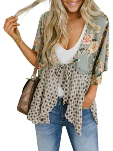 Zwanglose florale Print Krawatte Front V-Ausschnitt Chiffon Bluse, stilvolles Oberteil.