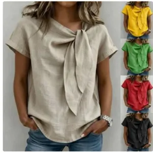 Maglietta Casual in Poliestere da Donna Manica Corta Scollo Asimmetrico Spalla Scesa Tinta Unita Top Base Estivo