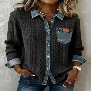 Stylish women's cable knit spliced denim shirt long sleeve button down cardigan top.