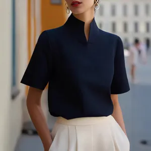 Summer neo-Chinese mock neck short sleeve blouse for women, elegant commuter style top.