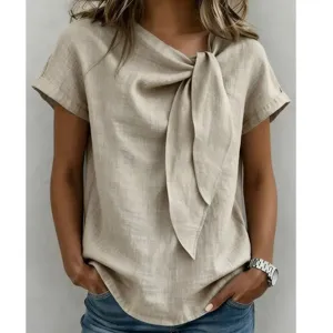 Donna Estate Casual Cotone Lino Manica Corta Camicetta Elegante Nodo Tinta Unita Top