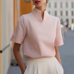 Women light pink short-sleeve blouse with unique stand collar, elegant commuter style summer top.