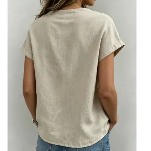 Top casual da donna in misto lino maniche corte estate tinta unita girocollo basic t-shirt