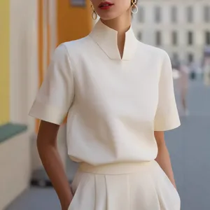 Women Summer New Chinese Mandarin Collar Short Sleeve Shirt Chic Commuting Fashion Top
