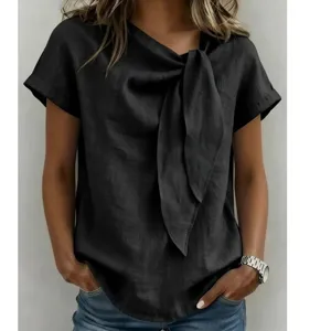 Elegante top donna maniche corte in lino con nodo frontale chic, camicetta estiva casual.