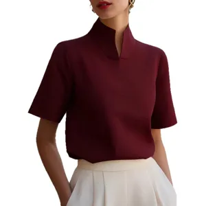 Chic mandarin collar short sleeve blouse for women elegant summer casual workwear top