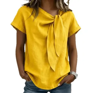 Top casual da donna a maniche corte giallo con elegante design con colletto annodato, estate.