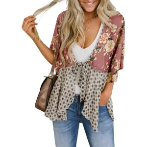 Damen Casual V-Ausschnitt Blumenmuster Chiffon Bluse Lockerer Dreiviertelarm Cardigan Mode Sommer Top
