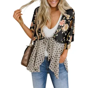 Damen lässige Blumenmuster Front Binde V-Ausschnitt Chiffon Bluse Sommer Mode Oberteil