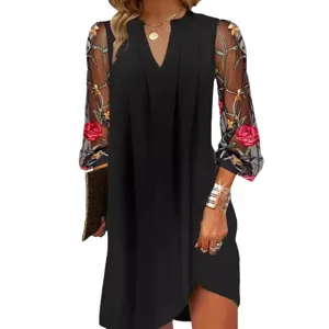 Zwarte V-hals lange mouw mesh bloemen geborduurde jurk casual elegante dameskleding