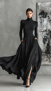 Conjunto de ropa vintage francés slim negro de cuello alto y falda larga plisada.