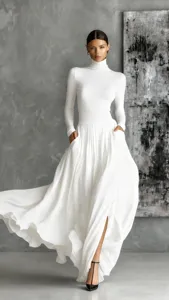 Conjunto elegante vintage francés de top de manga larga y falda larga plisada en blanco.