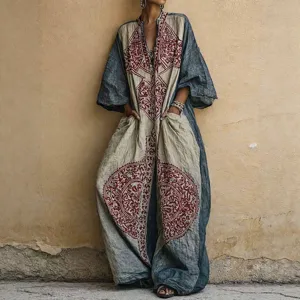 Vrouwen Bohemien Print Lange Mouw Wijd Pijp Jumpsuit Casual V-Hals Los Grote Maat Broek