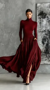 Conjunto elegante de top de cuello alto burdeos y falda larga plisada para mujer.