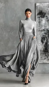 Top de cuello alto acanalado gris combinado con elegante falda larga plisada.