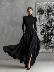 Traje de Top de Punto de Manga Larga Slim y Falda Larga Plisada Retro Elegante Francesa Mujer Conjunto Casual